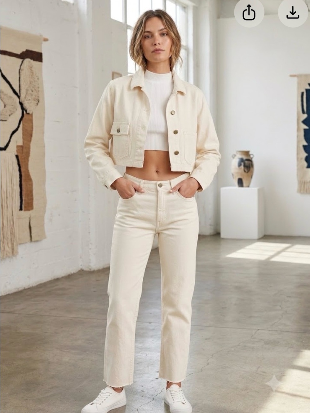 The GREAT. Off White Cropped Denim Trucker Jacket Size 0